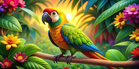 Vibrant, colorful cartoon parrot with bright green feathers, yellow beak, and oversized eyes perched on a tropical branch, surrounded by exotic flowers and lush foliage.
