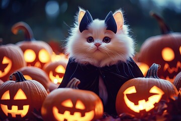 A fluffy white cat dressed in a bat costume sits warmly between glowing jack-o'-lanterns, creating a playful Halloween atmosphere as the sun sets