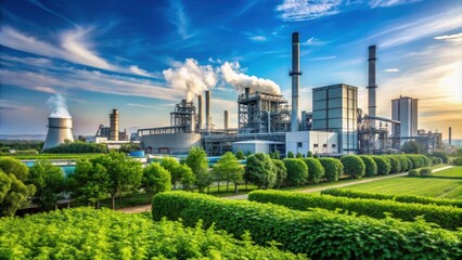 Fototapeta premium Industrial landscape with blue sky, showing a factory with green plants around it , industry, landscape