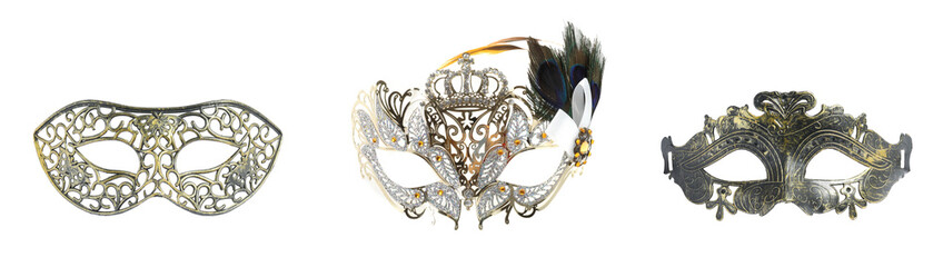Different carnival masks isolated on white, set