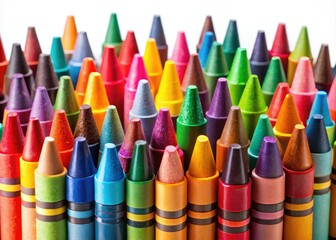 Fototapeta premium Vibrant, colorful crayons in assorted shapes and sizes scattered on a white background, with some lying horizontally and others standing upright, showcasing creativity and imagination.