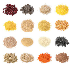 Different cereal grains, seeds and beans on white background, top view. Collection