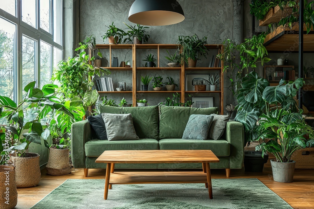 Wall mural A welcoming living room featuring a green sofa adorned with cushions, surrounded by an array of vibrant indoor plants and a wooden coffee table, all bathed in natural light