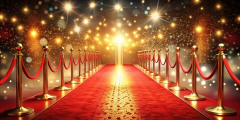 Luxurious red carpet entrance with golden barriers and shimmering lights , glamour, elegance, VIP, event, Hollywood