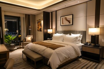 Interior of a hotel bedroom with a double bed.