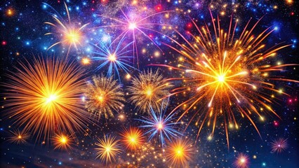 Vibrant colorful explosions of light illuminate the night sky, bursting with festive energy, streaks of glittering sparks and shimmering trails against a dark starry background.