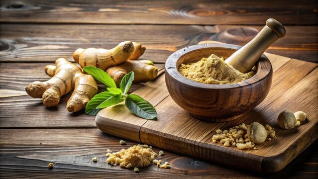 Fresh and dried ginger being ground in a mortar and pestle on a wooden cutting board , ginger, spice, cooking, kitchen