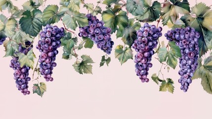 Background template with copy space  of grape leaf and  vine. Watercolor.