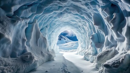Obraz premium Snow cave entrance with icy walls and tunnel leading inside, igloo, snow, cave, entrance, icy, walls, tunnel, eskimo, house