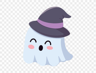 Cute ghost wearing witch hat  isolated on png or transparent background,Halloween party banner. vector