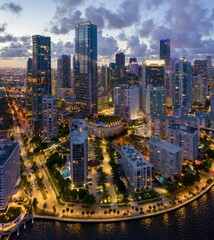Downtown Miami waterfront, buidings and condos at night, Florida, United States.