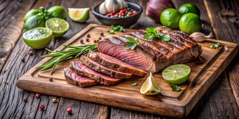 Sliced grilled steak with lime, onion, and garlic on a wooden board , steak, grilled, lime, onion, garlic, wooden board, food