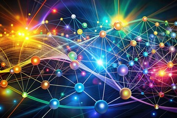 Fototapeta premium Vibrant colorful graph image with interconnected nodes and swirling lines, representing dynamic data relationships, innovation, and creative connections in a futuristic digital landscape.
