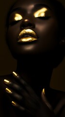 Woman with Gold Makeup on Dark Background