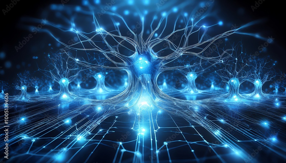 Poster a digital representation of a vibrant, interconnected network resembling a tree, illuminated with gl