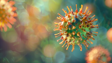 single virus cell with spiked surfaces, floating in a sterile environment