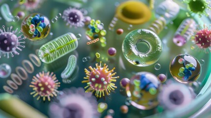 Various types of germs and bacteria are floating in a petri dish