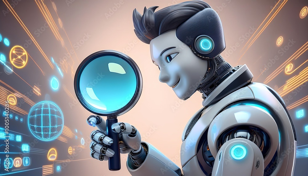 Poster a futuristic robot examines data through a magnifying glass, symbolizing exploration and advanced te