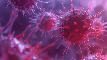 virus cells in bright, glowing red and purple tones
