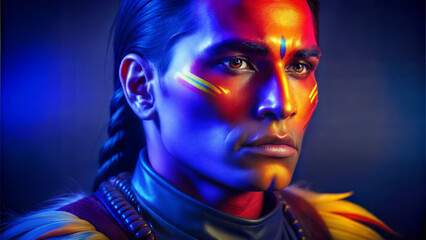 Fototapeta premium Native American man with striking face paint and dramatic colorful lighting