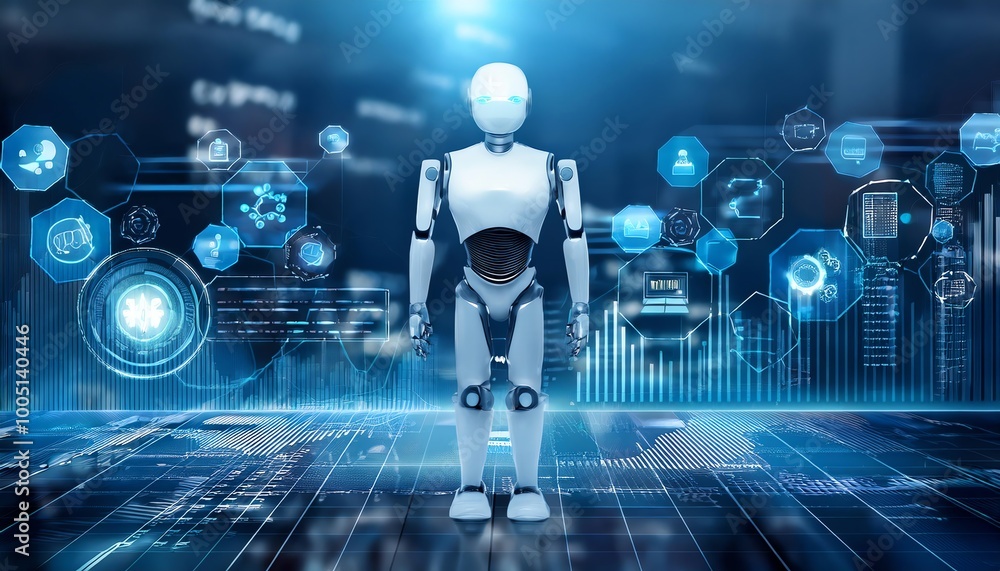 Poster a futuristic robot stands in a digital environment, surrounded by glowing data symbols and technolog