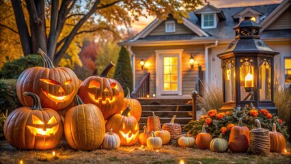 Obraz premium Halloween scene with pumpkins and lanterns in front of a house, halloween, pumpkins, lanterns, spooky, decorations