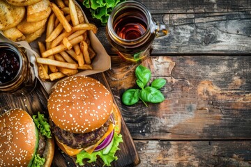 Fototapeta premium Hearty Burger with Fries and Refreshing Drinks