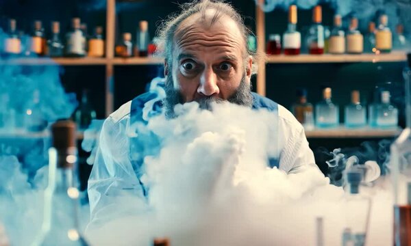 An alchemist in his laboratory, filled with a variety of chemicals, performs experiments