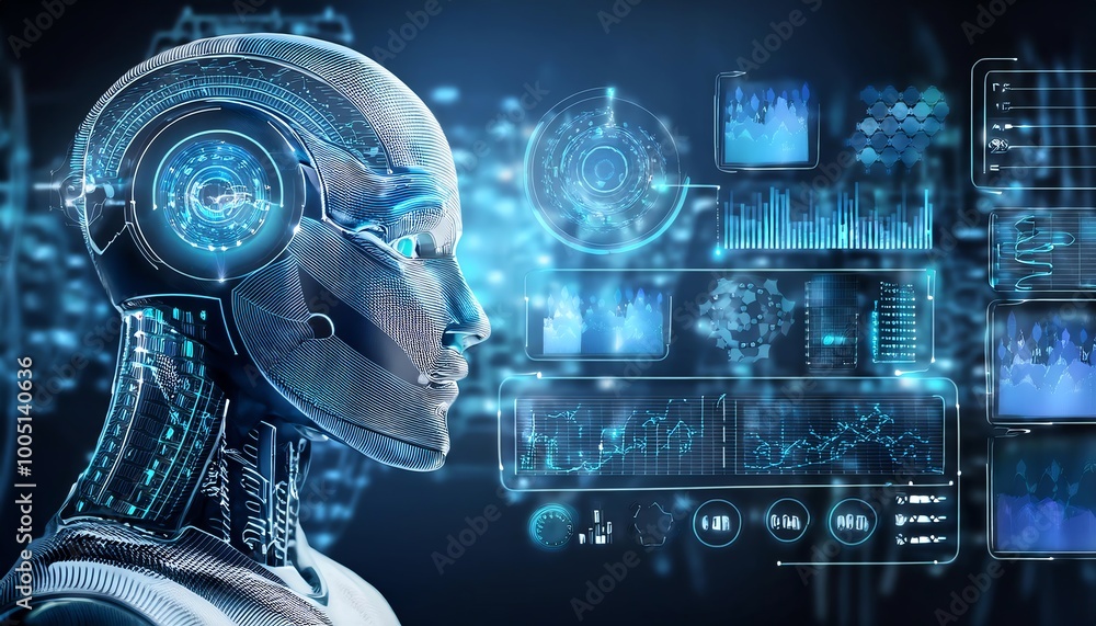 Aufkleber a futuristic robot head with intricate circuitry, surrounded by digital data displays, symbolizes ai