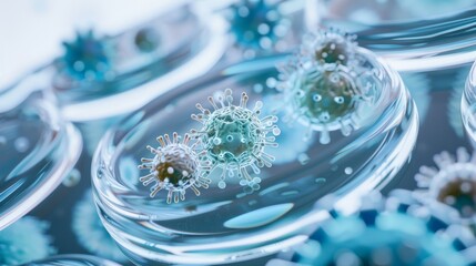 close-up of a cluster of viruses or germs floating in a petri dish