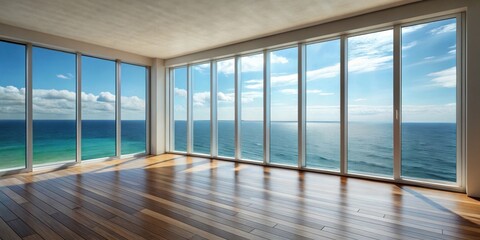 Fototapeta premium Interior with large window overlooking beautiful sea view , interior design, luxury, vacation, relaxation, modern, stylish