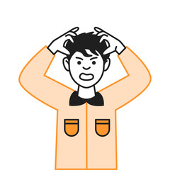 Angry male student touches dark hair color vector line icon. Irritated boy expresses negative emotions character doodle illustration on white