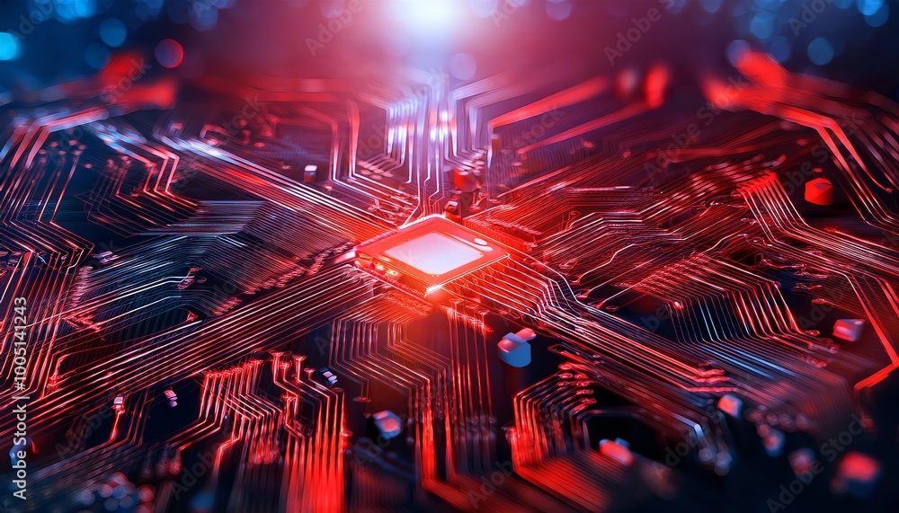 Poster a close-up view of a red and blue circuit board with intricate connections, highlighting a central c