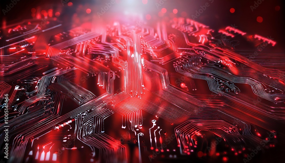 Poster a vivid digital artwork featuring intricate red circuitry patterns radiating light, evoking themes o