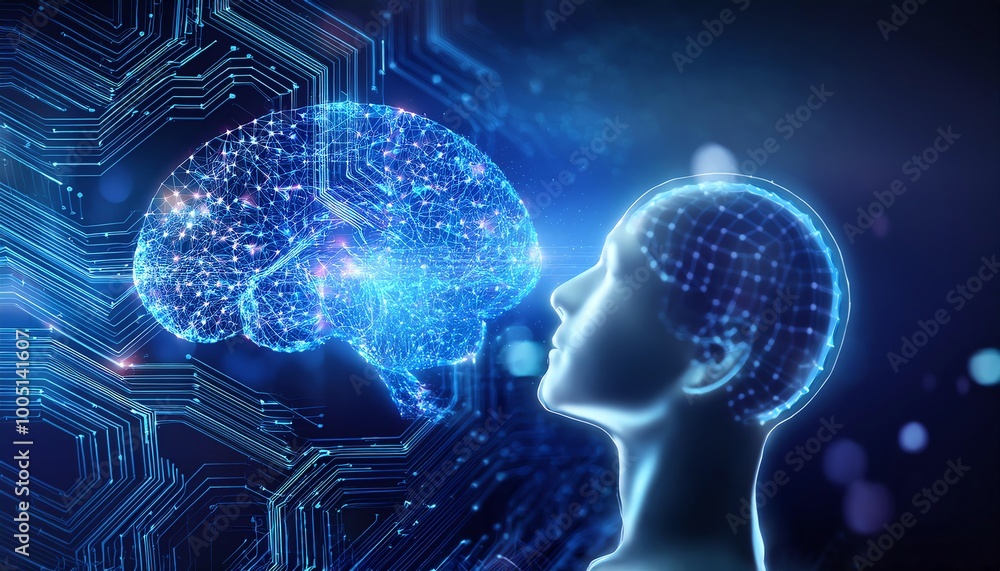 Poster a digital brain visualization with a human silhouette, showcasing the connection between technology 