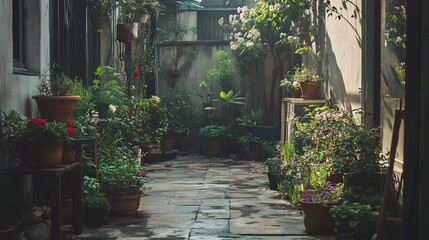 Naklejka premium Serene Garden Pathway with Lush Greenery and Flowers