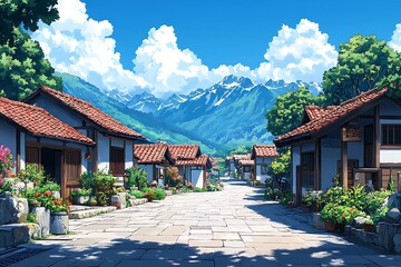 Obraz premium Anime Style Village Landscape with Mountain Background