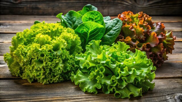 Vibrant col rizada lettuce leaves with curly, ruffled edges and varied shades of green, scattered on a rustic wooden table, evoking farm-to-table freshness.