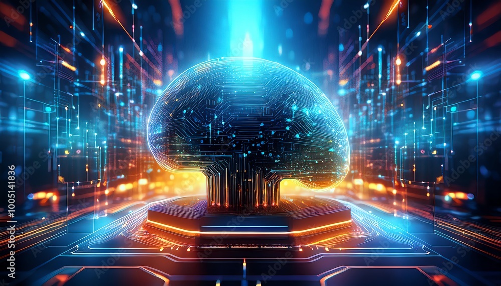 Poster a vibrant, futuristic depiction of a digital brain surrounded by glowing circuits and data streams, 