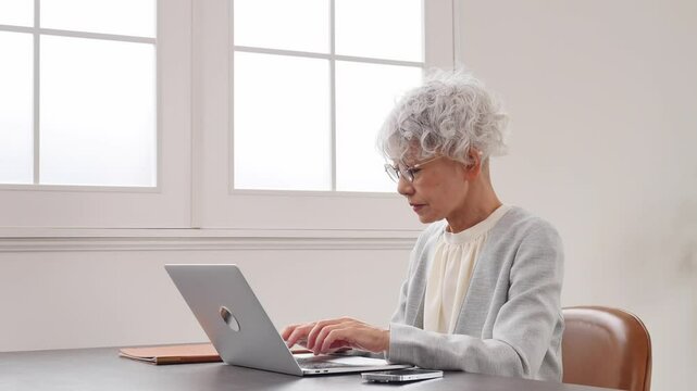 ノートパソコンを使って働く高齢者のビジネスウーマン　オフィス