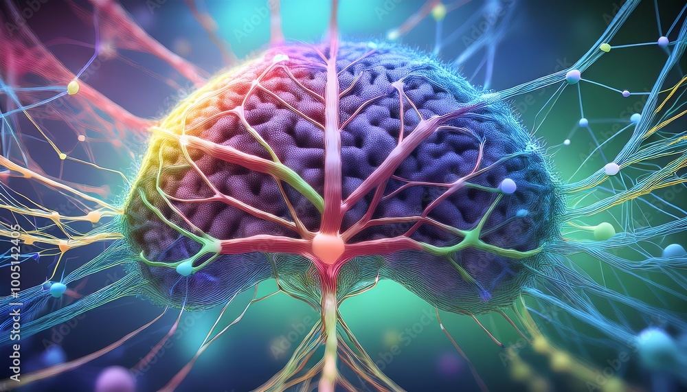 Poster a vibrant, digital representation of a brain, showcasing colorful neural connections and a futuristi