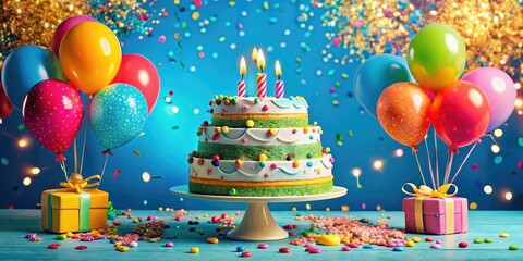 Vibrant confetti and balloons surround a lavish three-tiered cake adorned with glittering candles, celebrating a milestone birthday in a festive, joyful, and luxurious atmosphere.