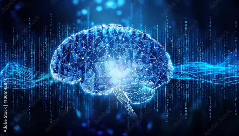 Poster a glowing digital brain surrounded by data streams, symbolizing intelligence, technology, and neural