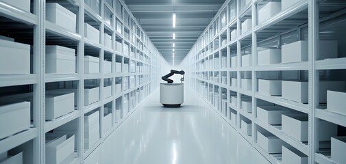A modern warehouse interior showcasing a robotic arm organized between white storage shelves, highlighting automation in logistics.