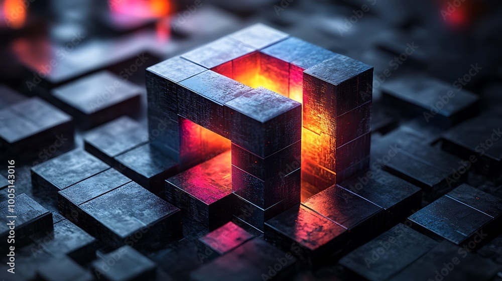 Aufkleber abstract 3d render of glowing cube with a matrix of smaller cubes, technology concept