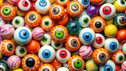 Fototapeta premium Background of colorful Halloween candy eyeballs , spooky, festive, sweet treats, creepy, decorations, sugar, assorted, eyeballs