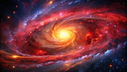 Obraz premium Vibrant crimson galaxy sprawls across a starry night sky, swirling clouds of gas and dust illuminated by radiant bursts of celestial light and energy.