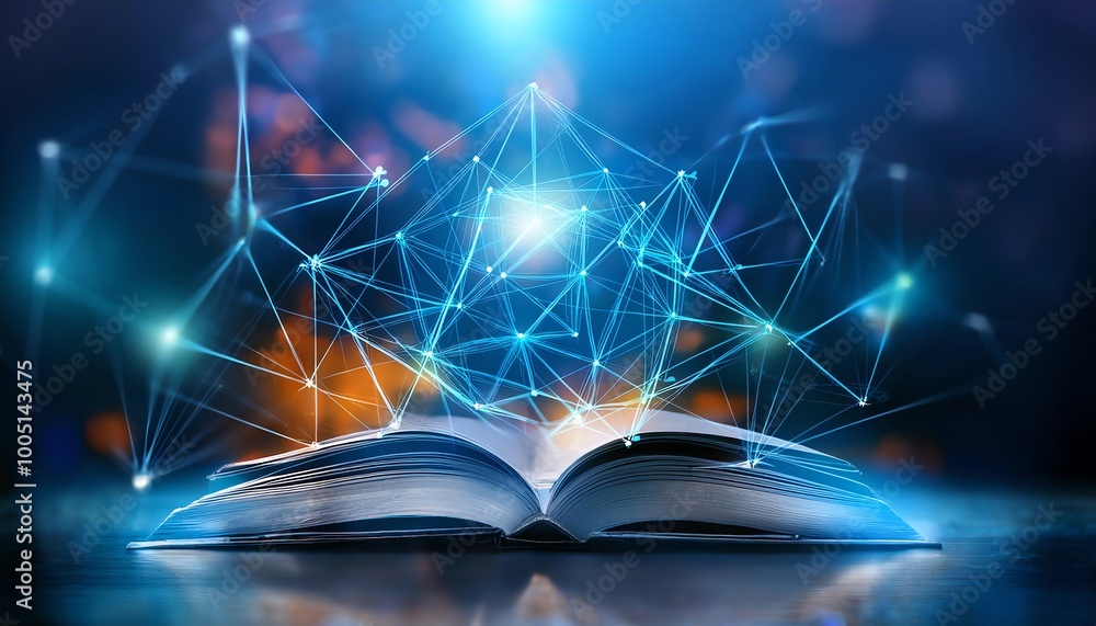 Poster an open book emits a glowing network of digital connections, symbolizing the fusion of knowledge and