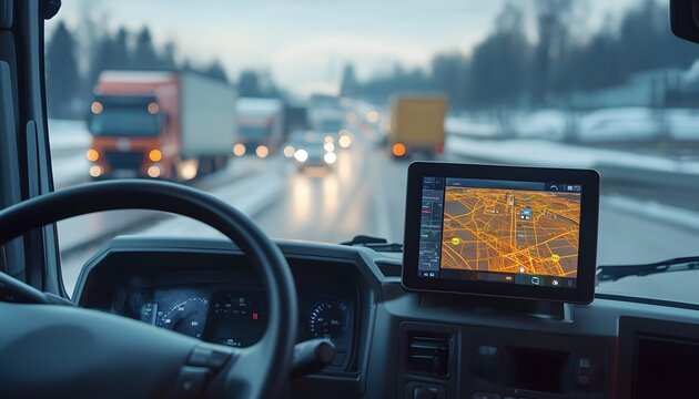A view from the driver's seat of a truck navigating a busy road with GPS navigation system visible on a cloudy day.