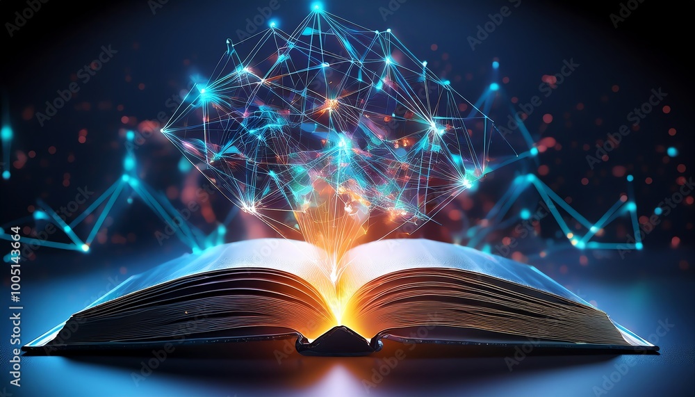Poster an open book illuminated by a warm light, with a network of glowing connections emerging above, symb